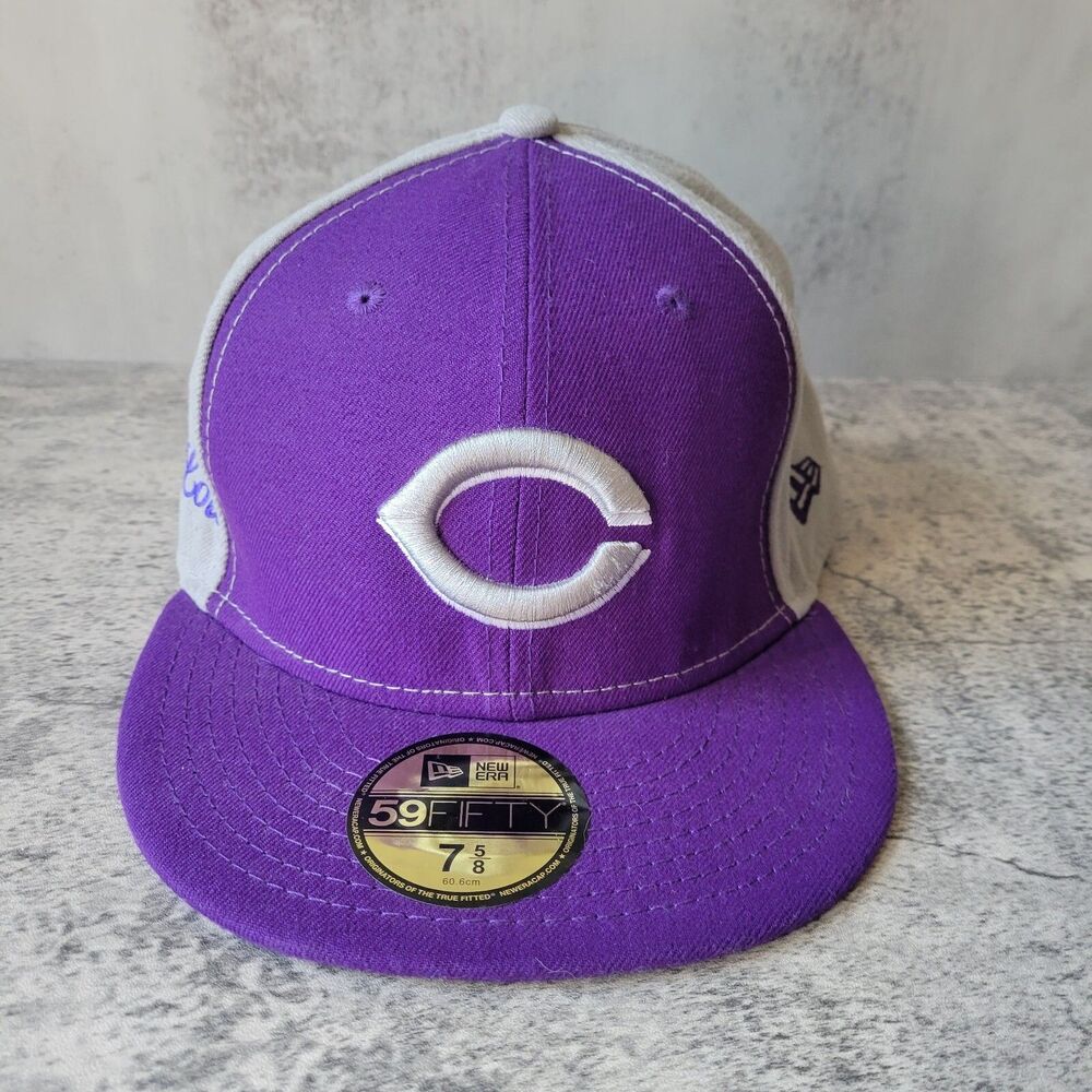 New Era 59Fifty Cap MLB Cincinnati Reds Mens Purple White Fitted 5950 Hat 7 5/8